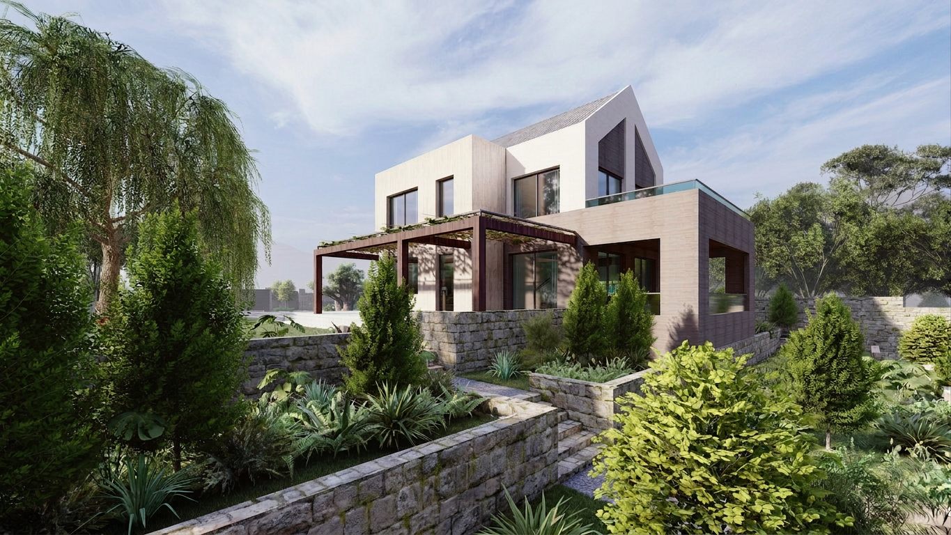 TRUE ARCHITECTS villa project — contemporary residence with stone terracing and landscaped garden