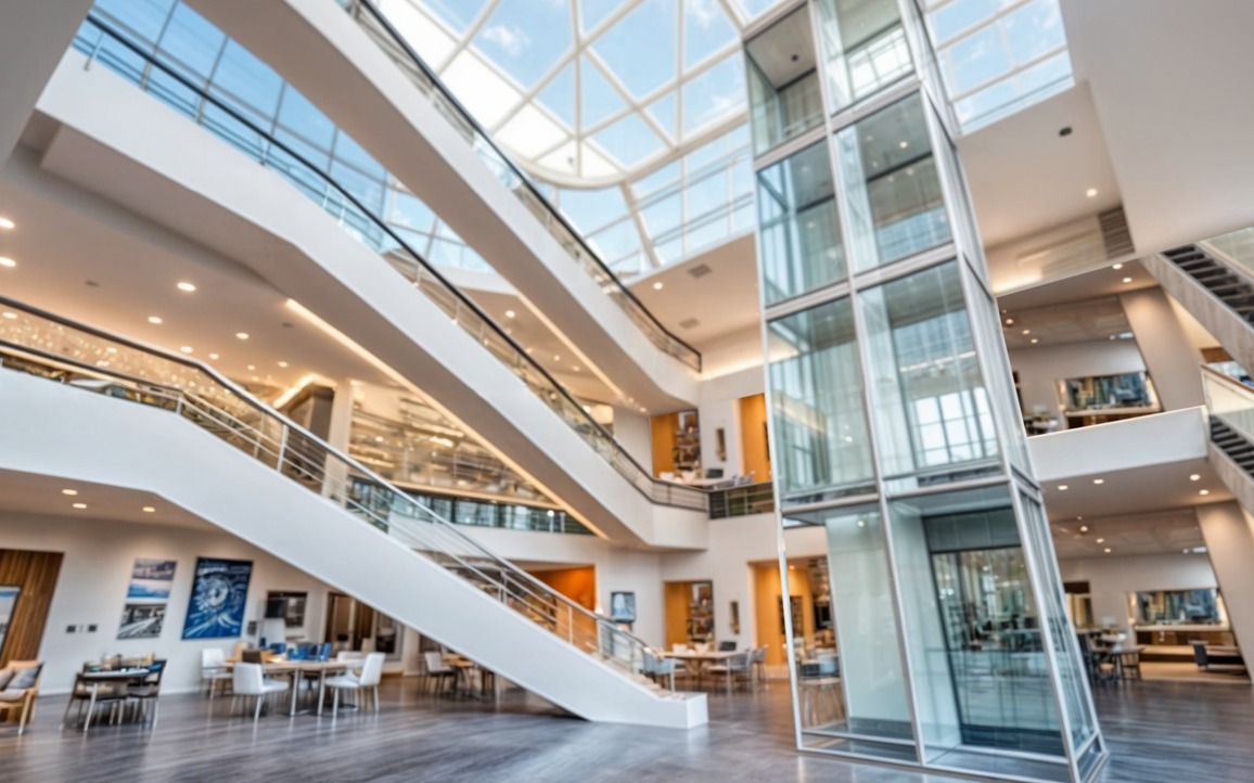 F.Y. Complex — skylit atrium and glass elevator, Kinshasa